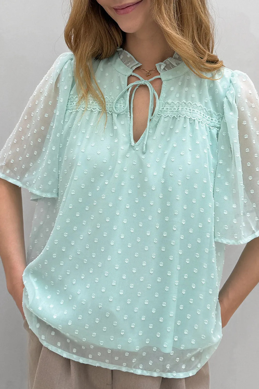 Moonlight Jade Swiss Dot Lace up Frilled V Neck Short Sleeve Blouse