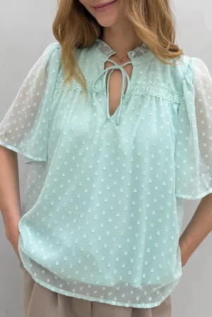 Moonlight Jade Swiss Dot Lace up Frilled V Neck Short Sleeve Blouse