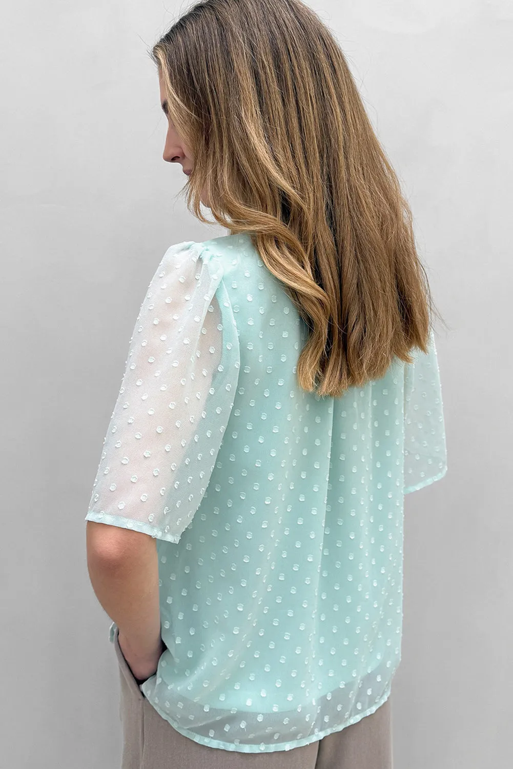 Moonlight Jade Swiss Dot Lace up Frilled V Neck Short Sleeve Blouse