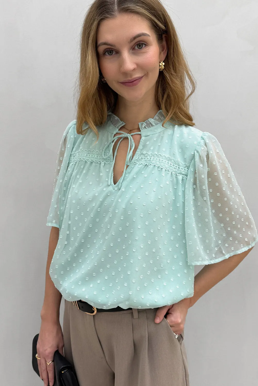 Moonlight Jade Swiss Dot Lace up Frilled V Neck Short Sleeve Blouse