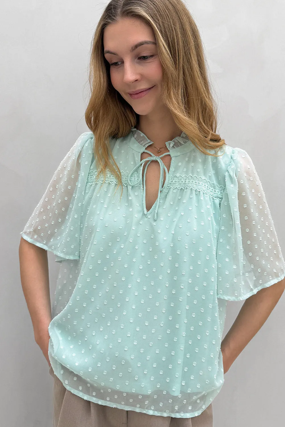 Moonlight Jade Swiss Dot Lace up Frilled V Neck Short Sleeve Blouse