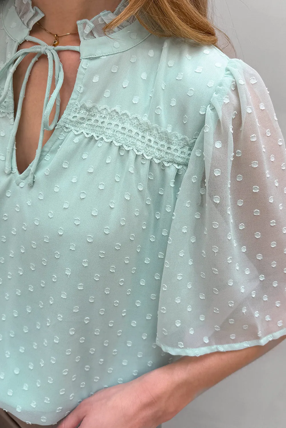 Moonlight Jade Swiss Dot Lace up Frilled V Neck Short Sleeve Blouse