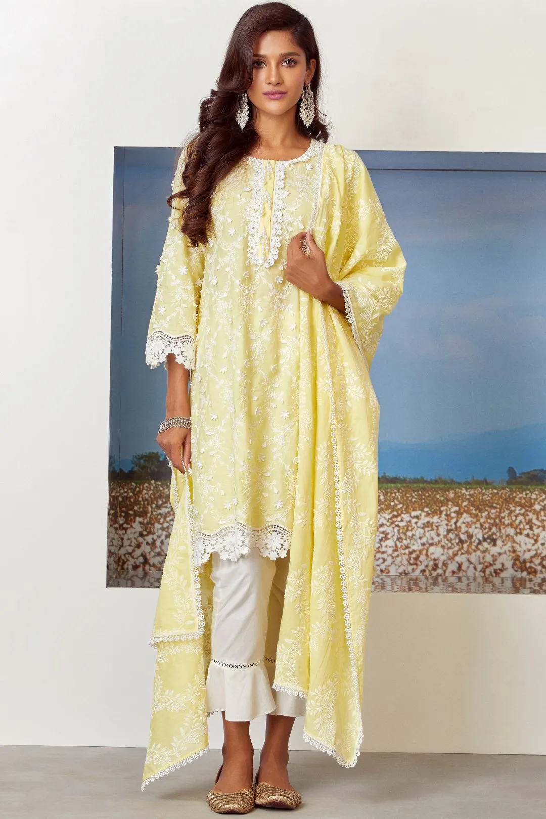 Mulmul Cotton Baybreeze Yellow Kurta With Umbrella Frill White Pyajama