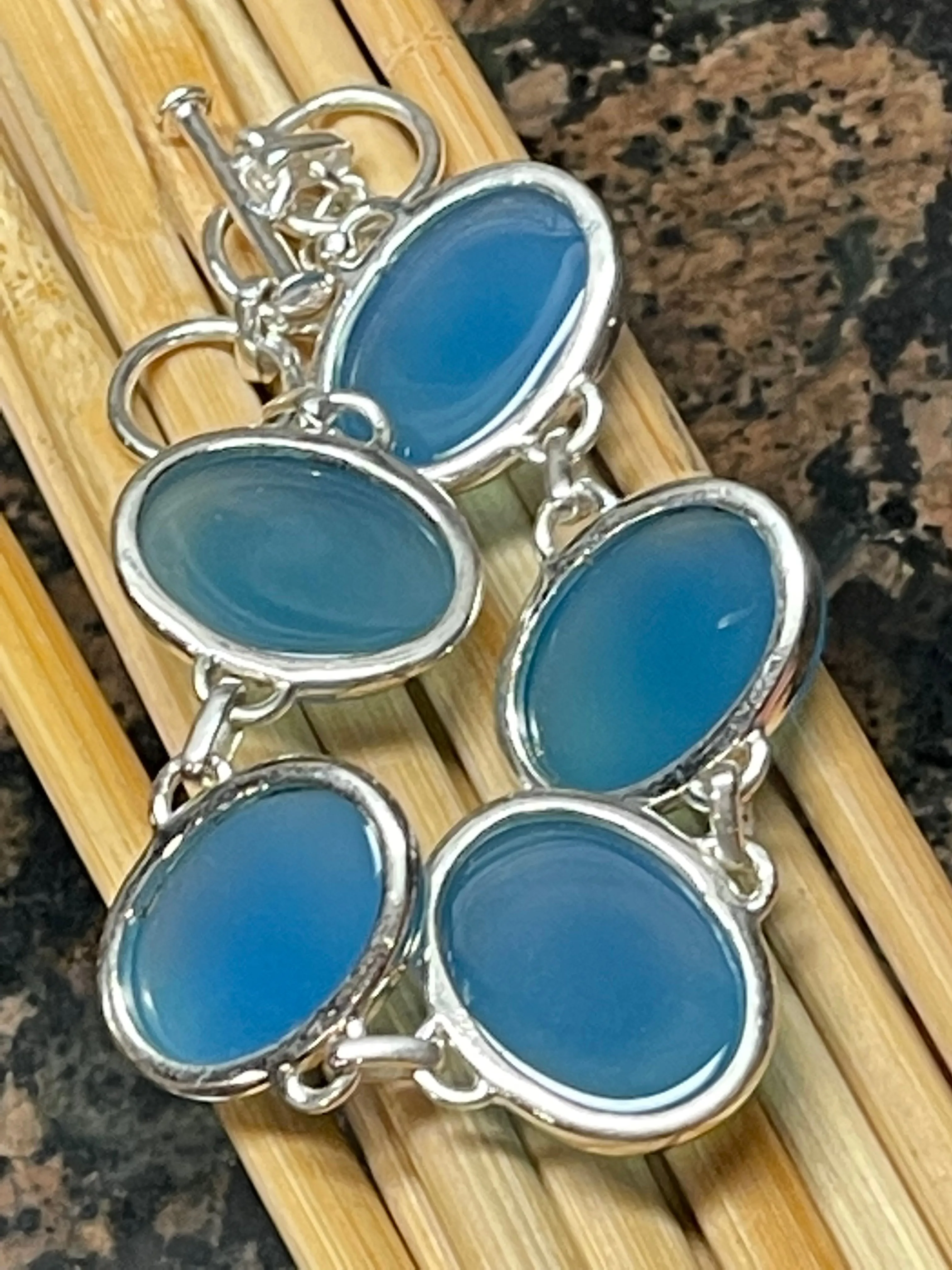 Natural Blue Chalcedony 925 Solid Sterling Silver Bracelets 7"