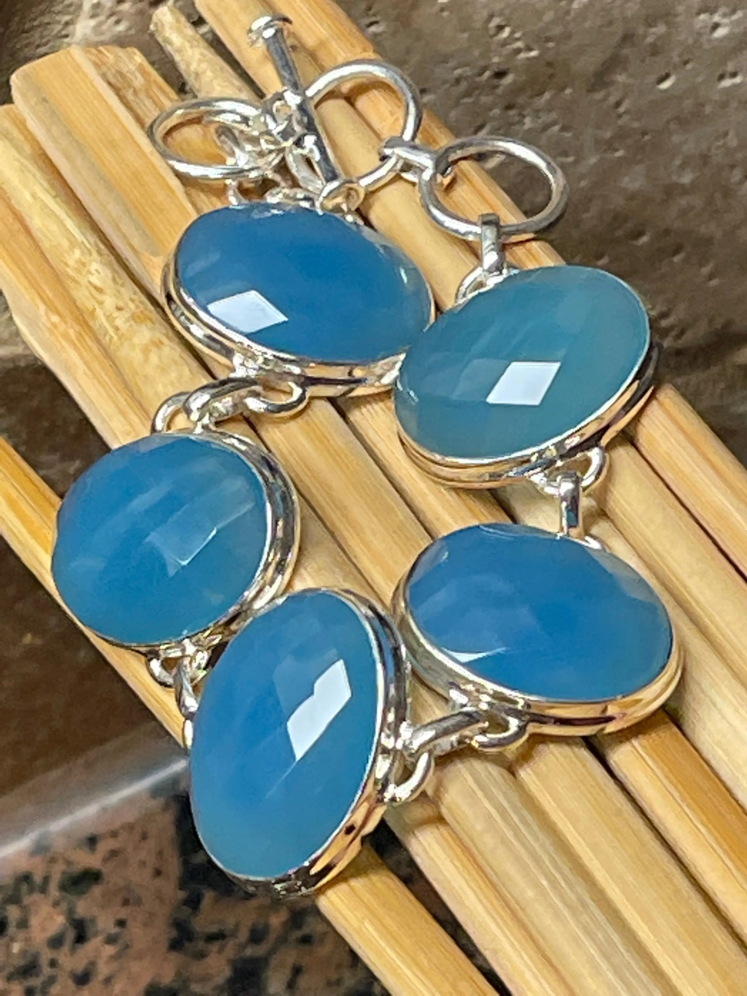 Natural Blue Chalcedony 925 Solid Sterling Silver Bracelets 7"
