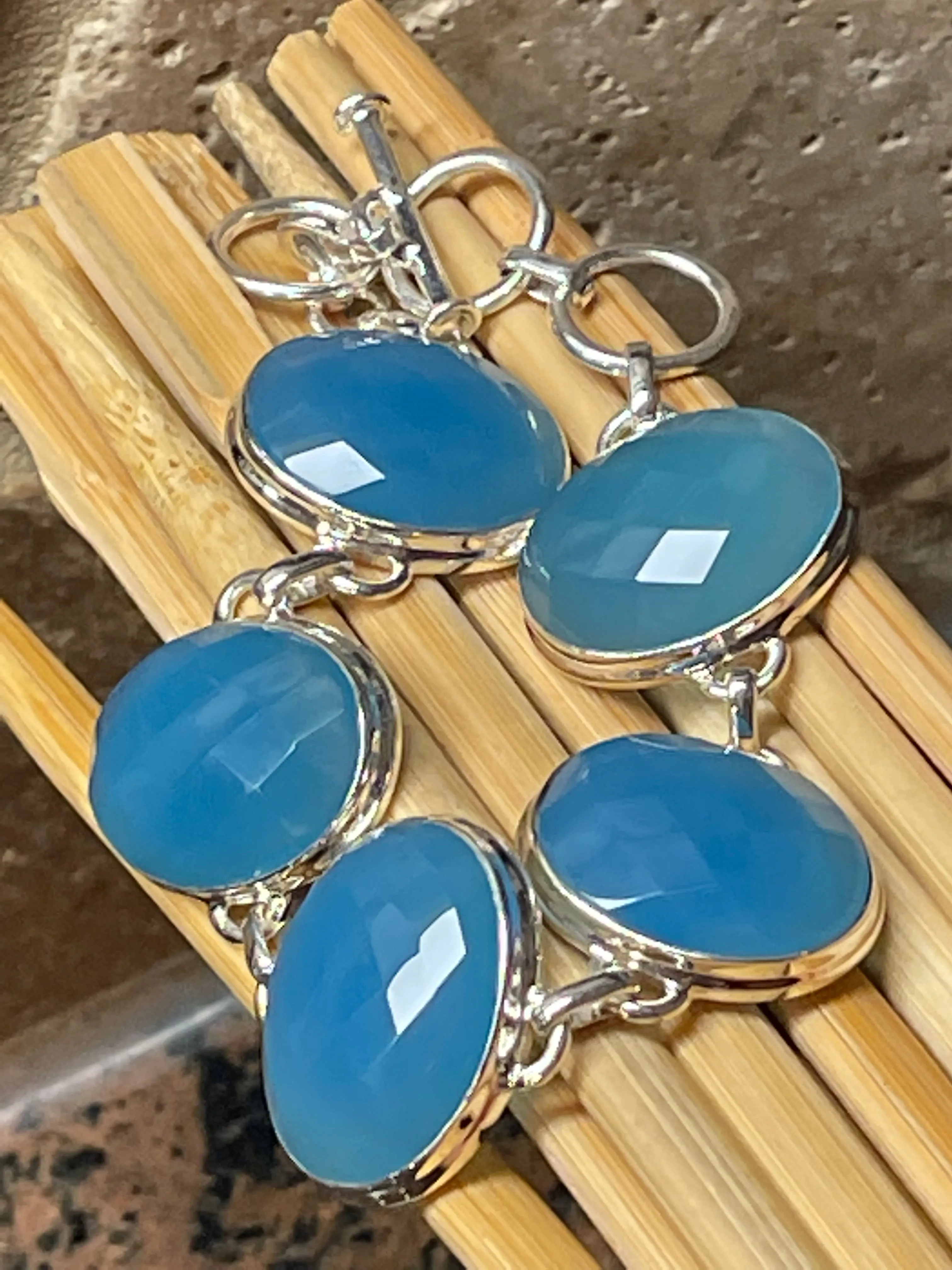 Natural Blue Chalcedony 925 Solid Sterling Silver Bracelets 7"
