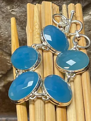 Natural Blue Chalcedony 925 Solid Sterling Silver Bracelets 7"