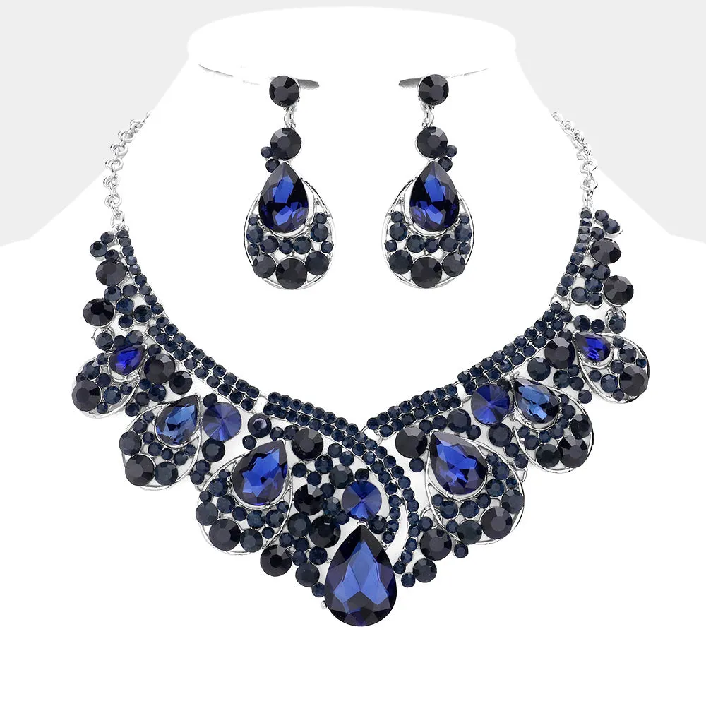 Navy Crystal Teardrop Pageant Necklace Set | Prom Necklace Set | 582972