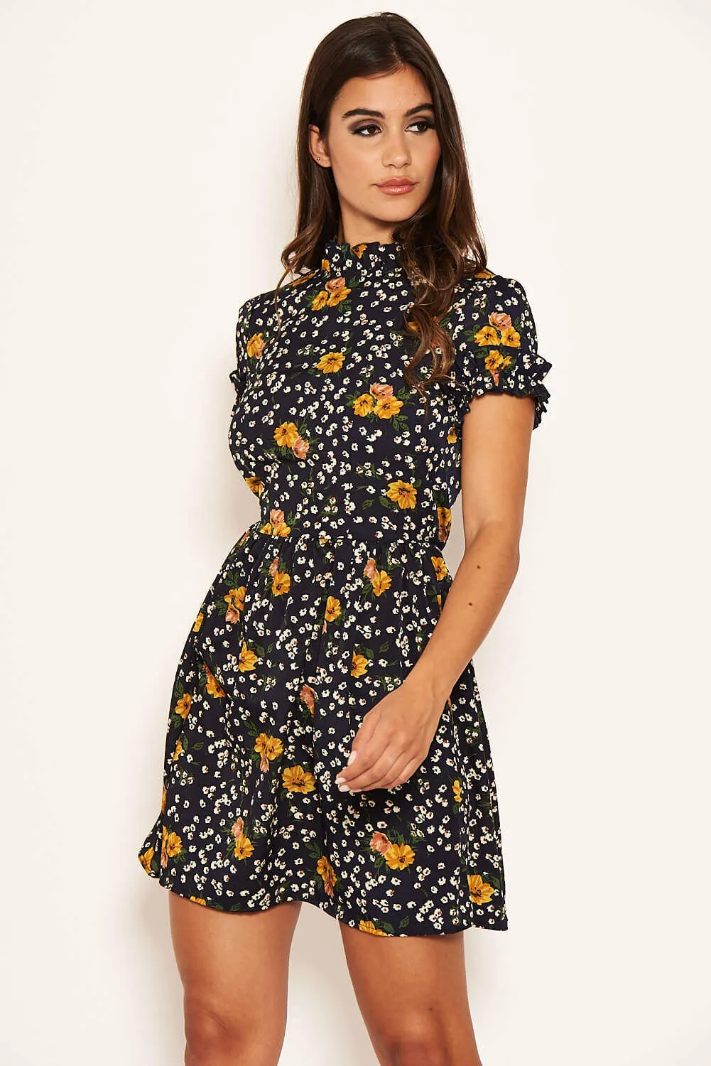 Navy Mixed Floral Frilled Skater Dress
