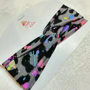 Neon Splatter Gray Leopard Twist Turban Headband