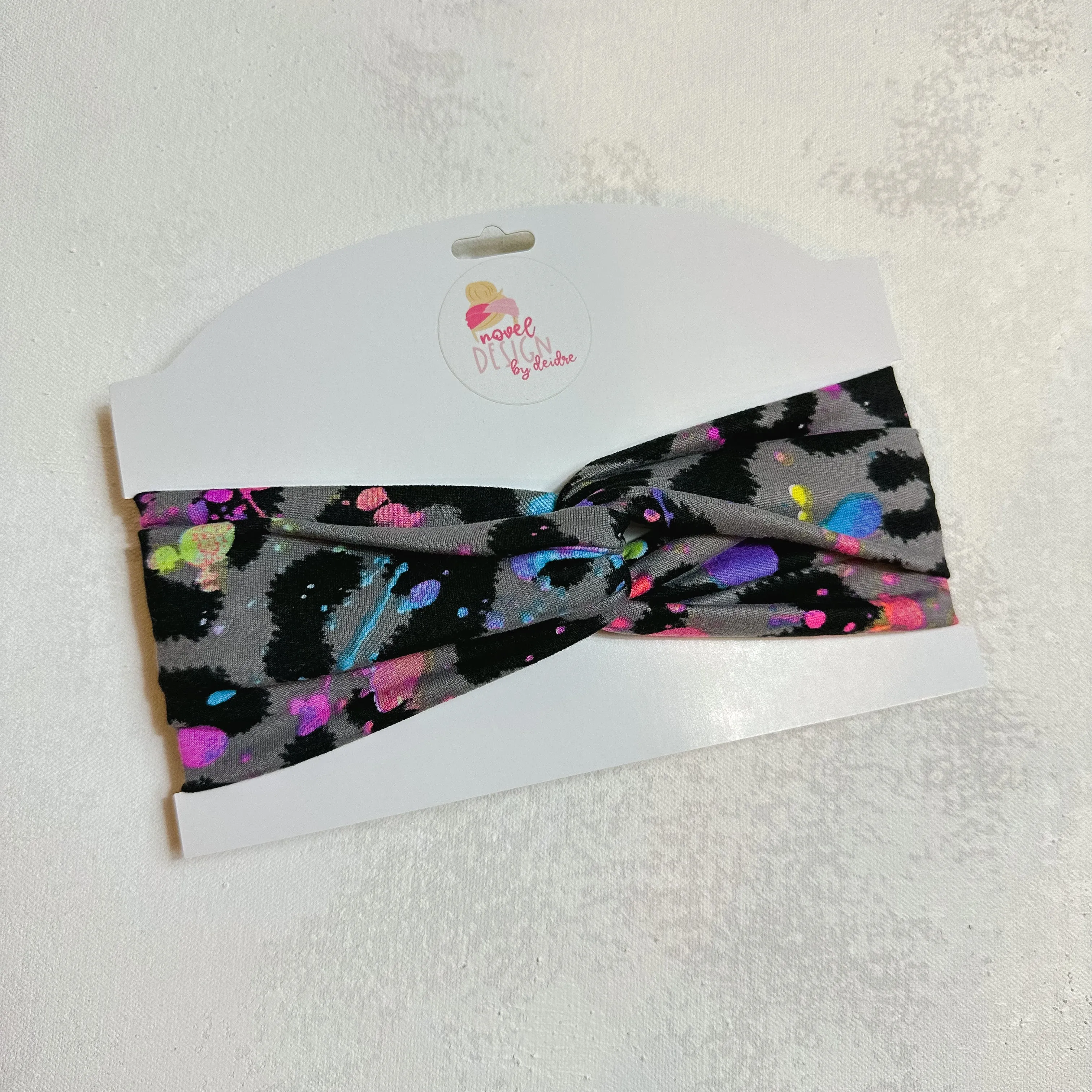 Neon Splatter Gray Leopard Twist Turban Headband