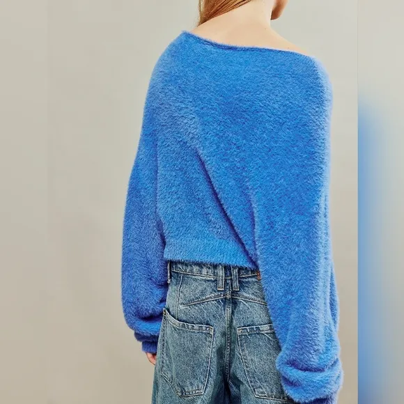 NEW Free People Blue Cirilla Fuzzy Eyelash Pullover Sweater XS