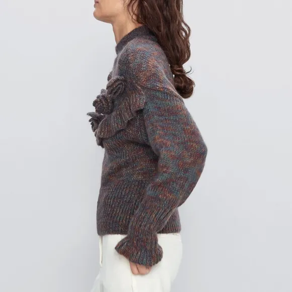 NWT ZARA Purple Multicolor Marled Mohair Blend Ruffled Rosette Floral Sweater M