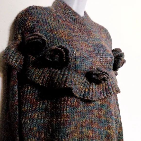 NWT ZARA Purple Multicolor Marled Mohair Blend Ruffled Rosette Floral Sweater M
