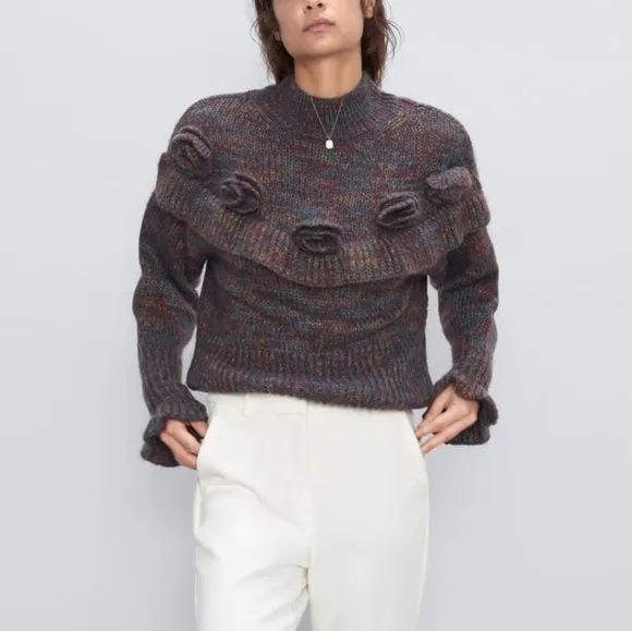 NWT ZARA Purple Multicolor Marled Mohair Blend Ruffled Rosette Floral Sweater M