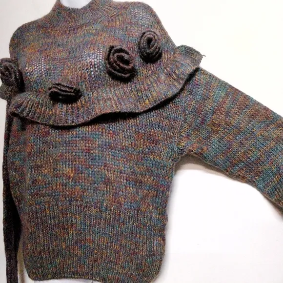 NWT ZARA Purple Multicolor Marled Mohair Blend Ruffled Rosette Floral Sweater M
