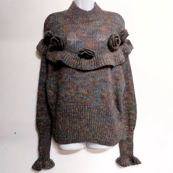 NWT ZARA Purple Multicolor Marled Mohair Blend Ruffled Rosette Floral Sweater M