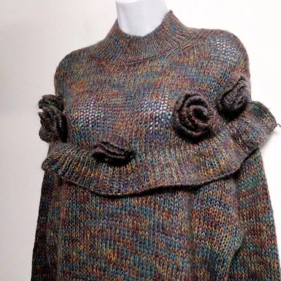 NWT ZARA Purple Multicolor Marled Mohair Blend Ruffled Rosette Floral Sweater M