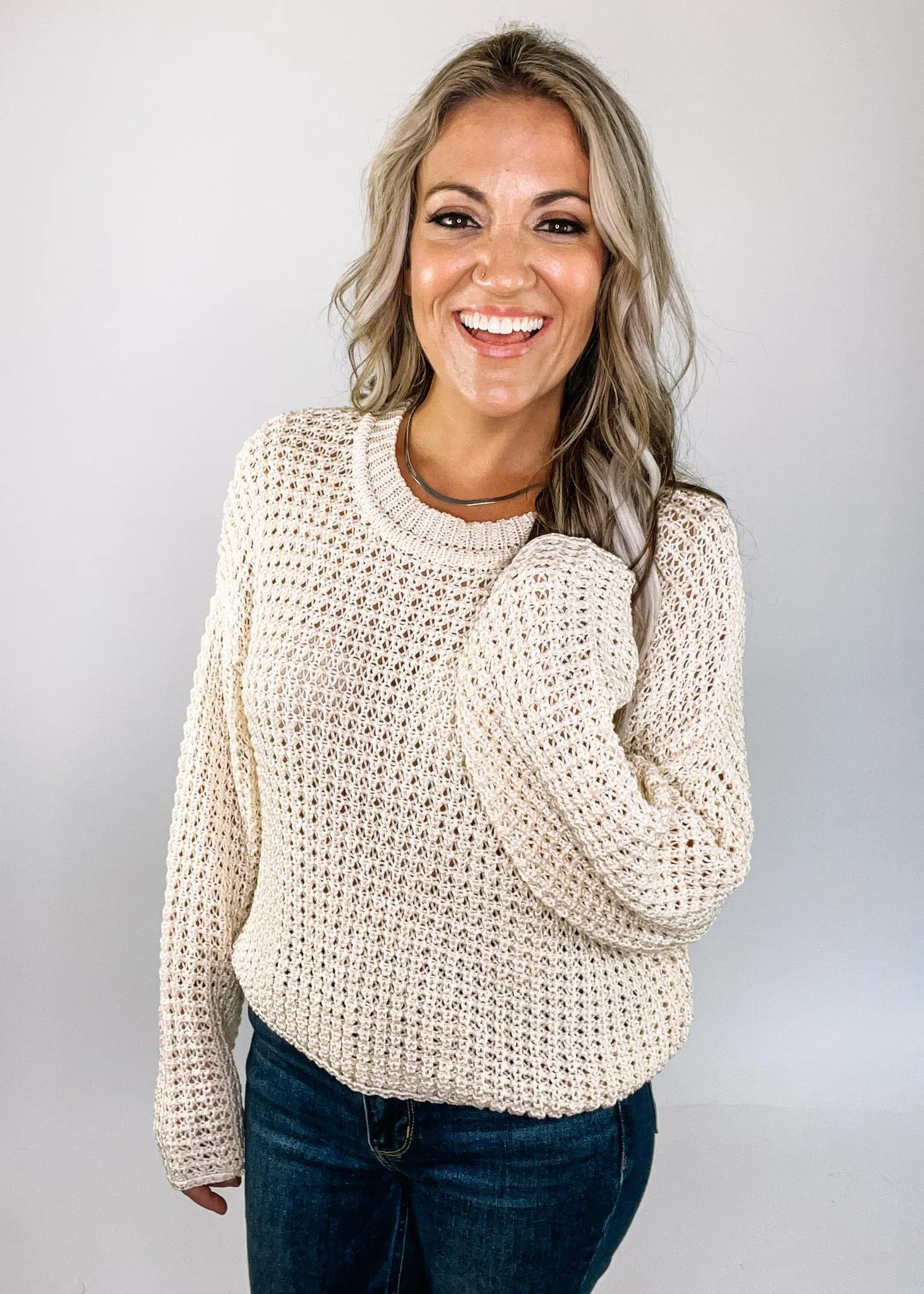 Oatmeal Solid Knit Crew Neck Sweater