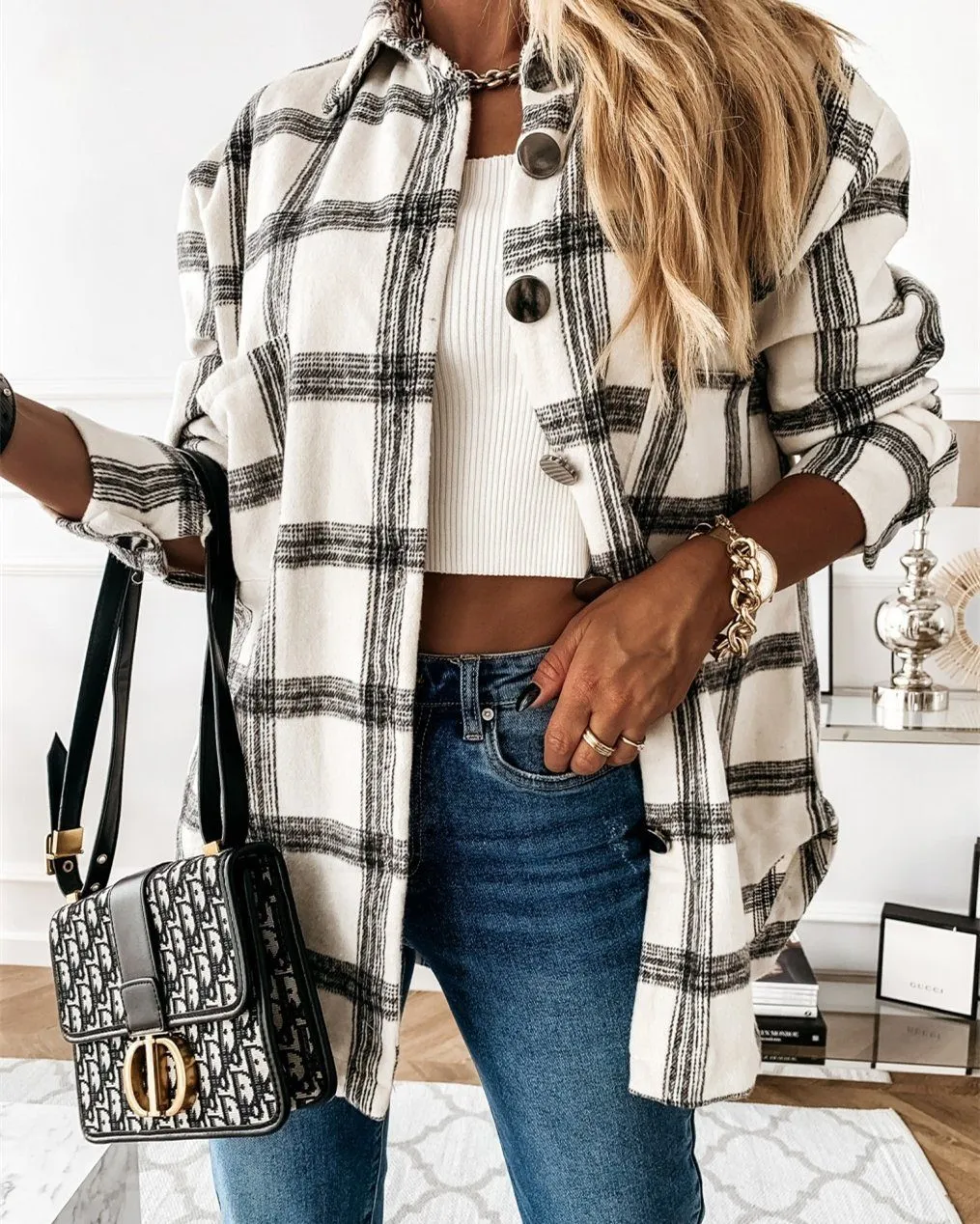 Ode to Cozy Plaid Lightweight Jacket - White