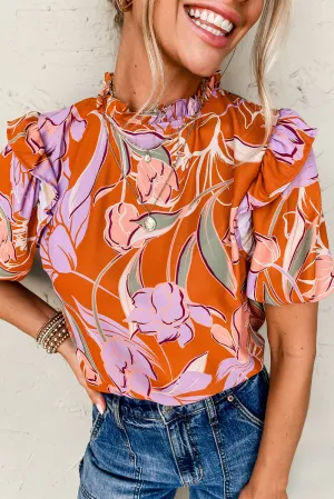 Orange Floral Puff Sleeve Frilled Round Neck Blouse