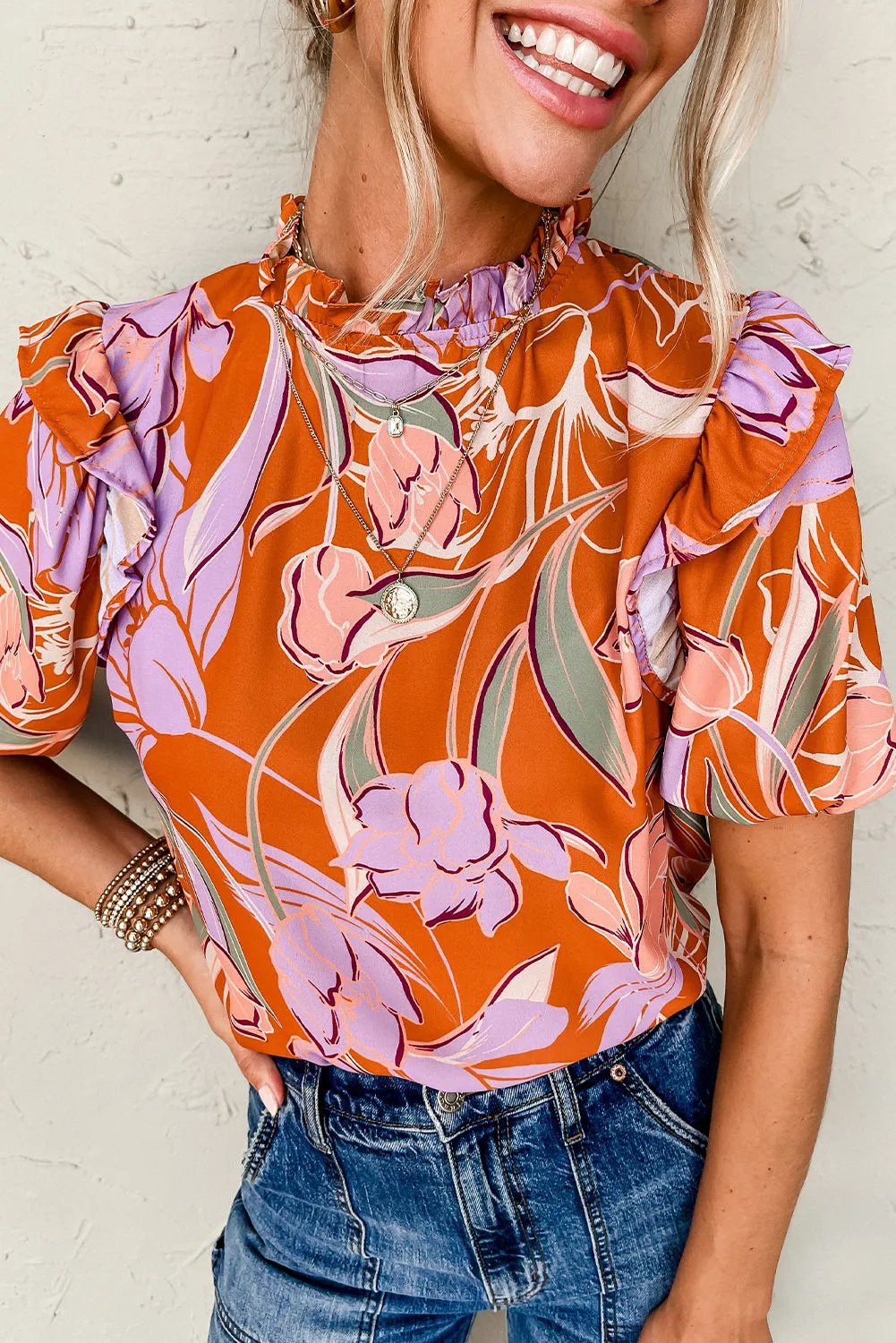 Orange Floral Puff Sleeve Frilled Round Neck Blouse