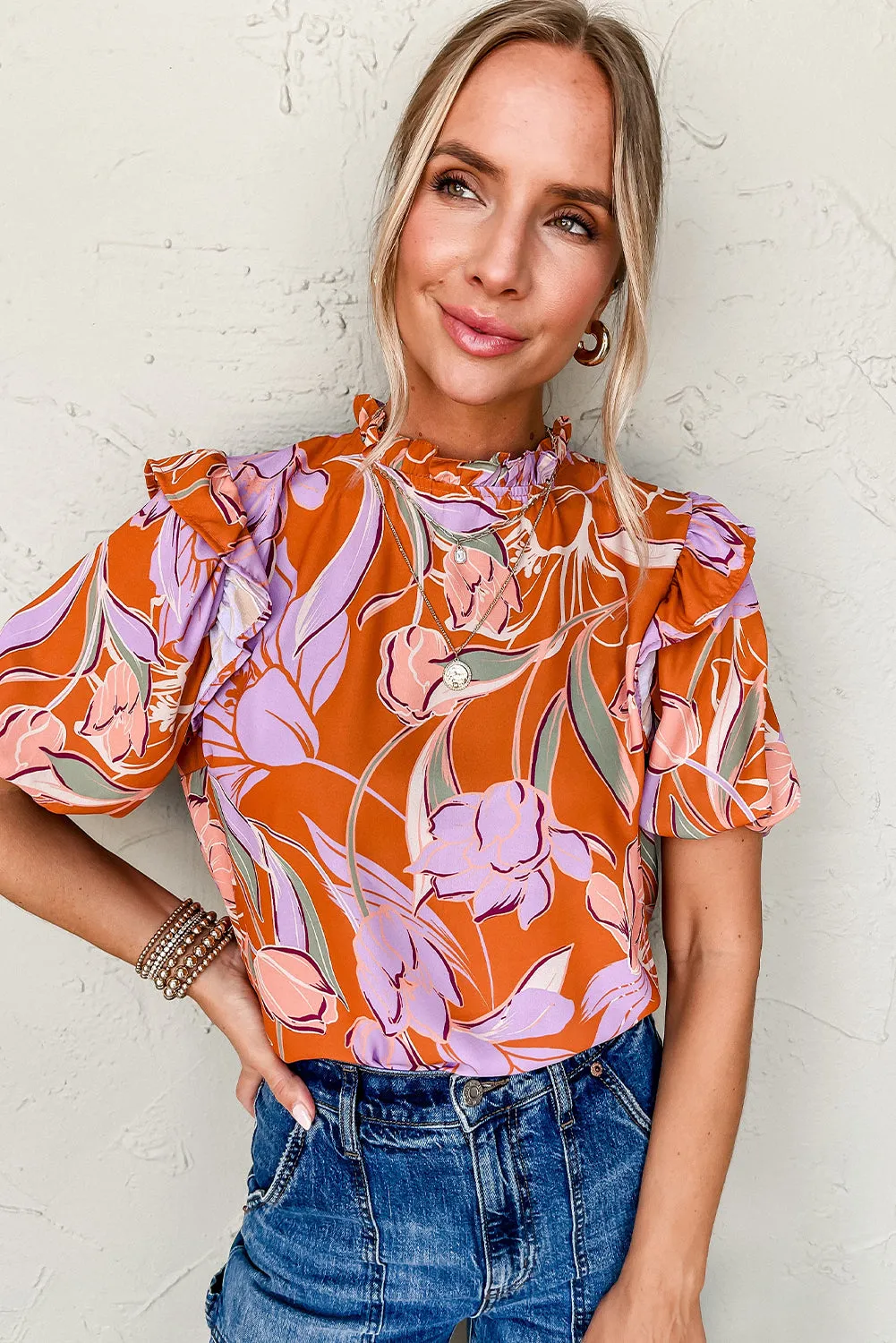 Orange Floral Puff Sleeve Frilled Round Neck Blouse