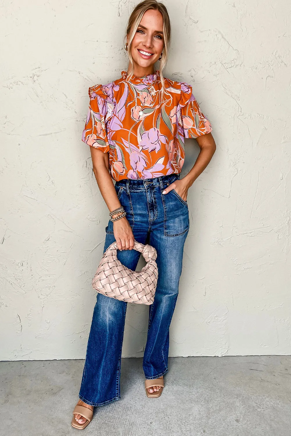 Orange Floral Puff Sleeve Frilled Round Neck Blouse