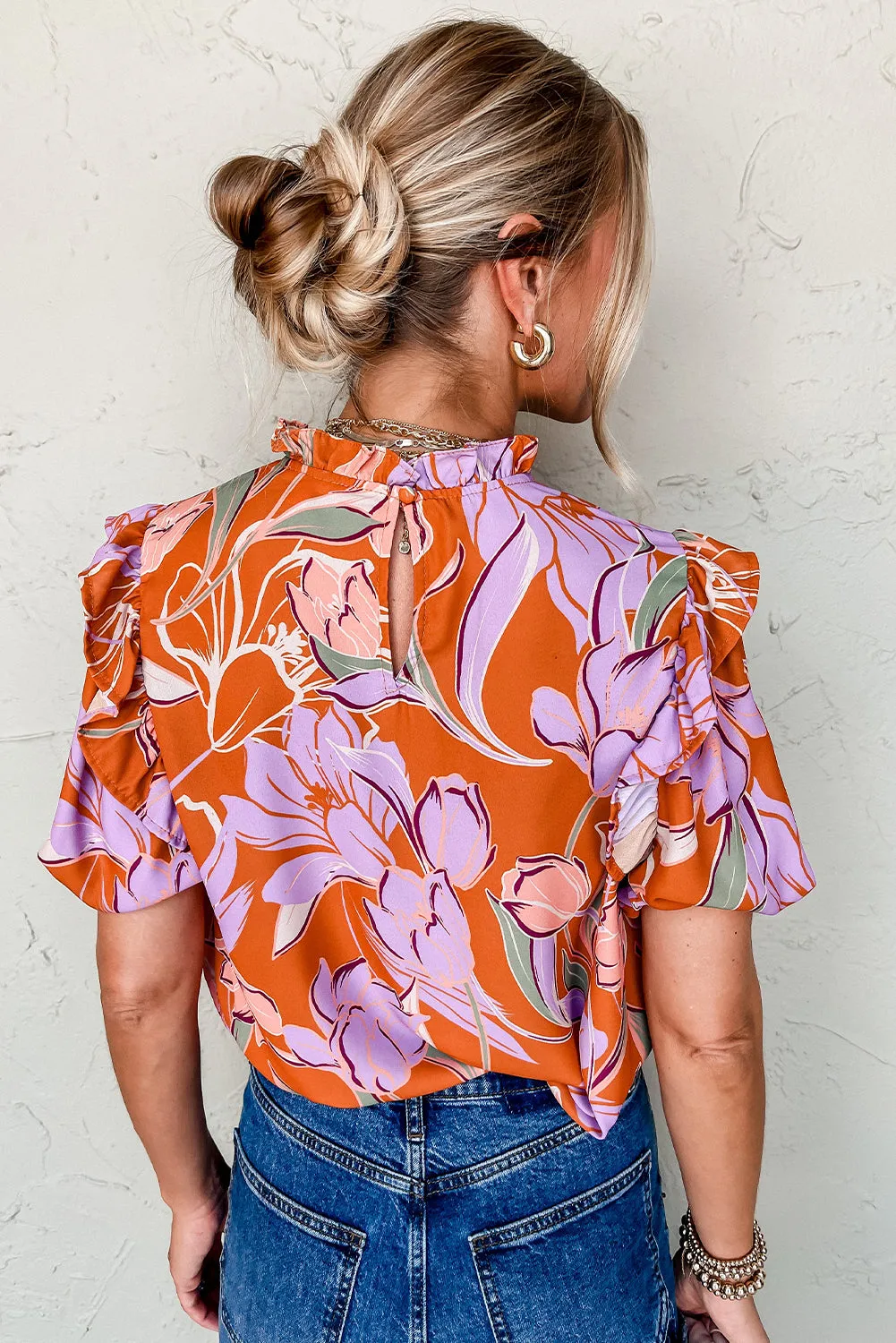Orange Floral Puff Sleeve Frilled Round Neck Blouse