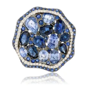 Oval Blue Sapphire Cluster Style Black Rhodium Ring