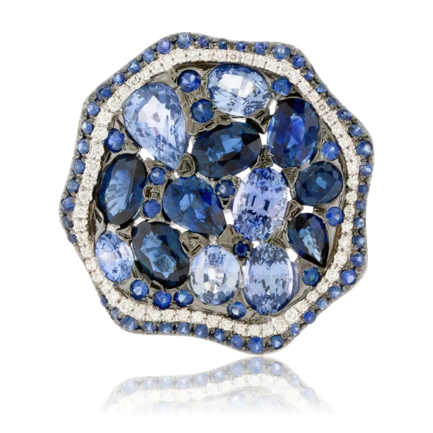 Oval Blue Sapphire Cluster Style Black Rhodium Ring