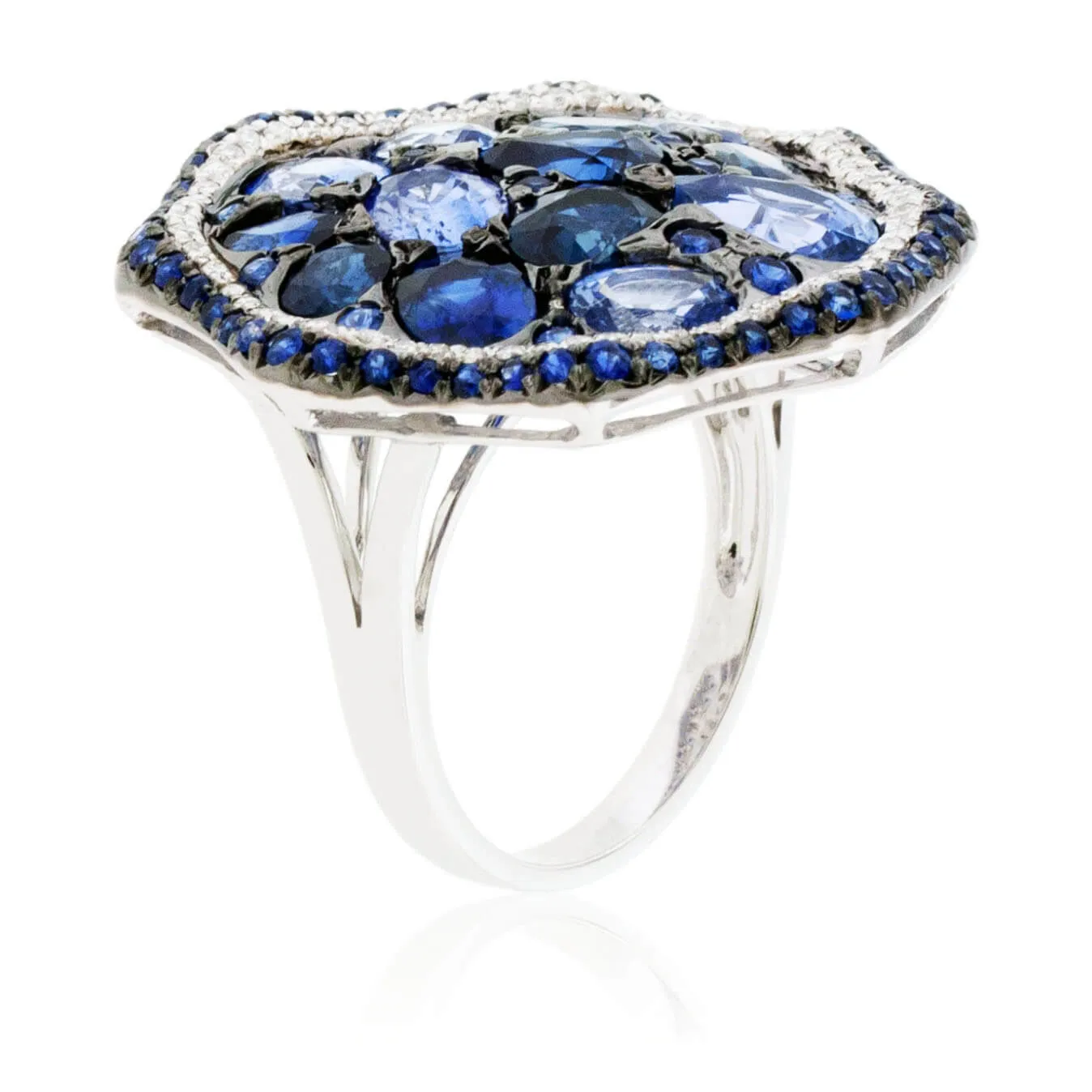 Oval Blue Sapphire Cluster Style Black Rhodium Ring