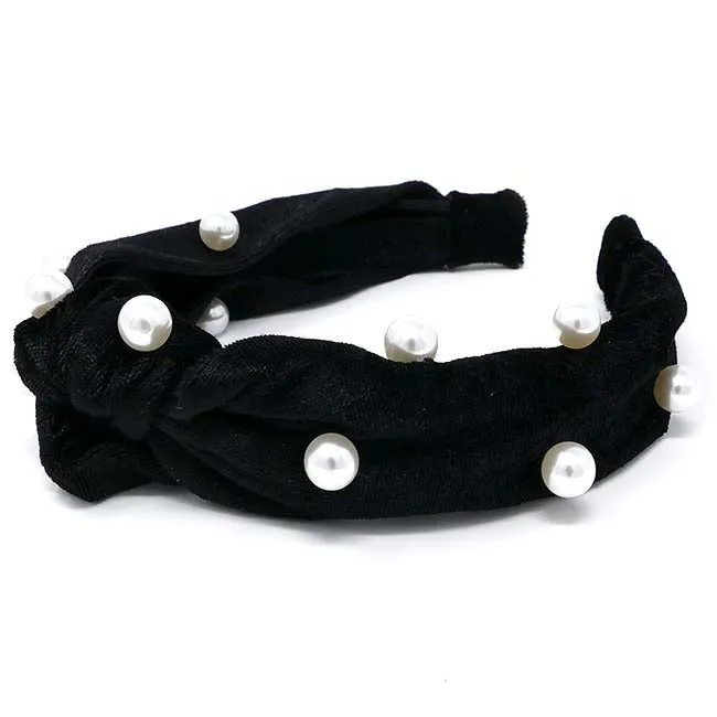 Paris Collection Velvet Knotted Headband with Pearls