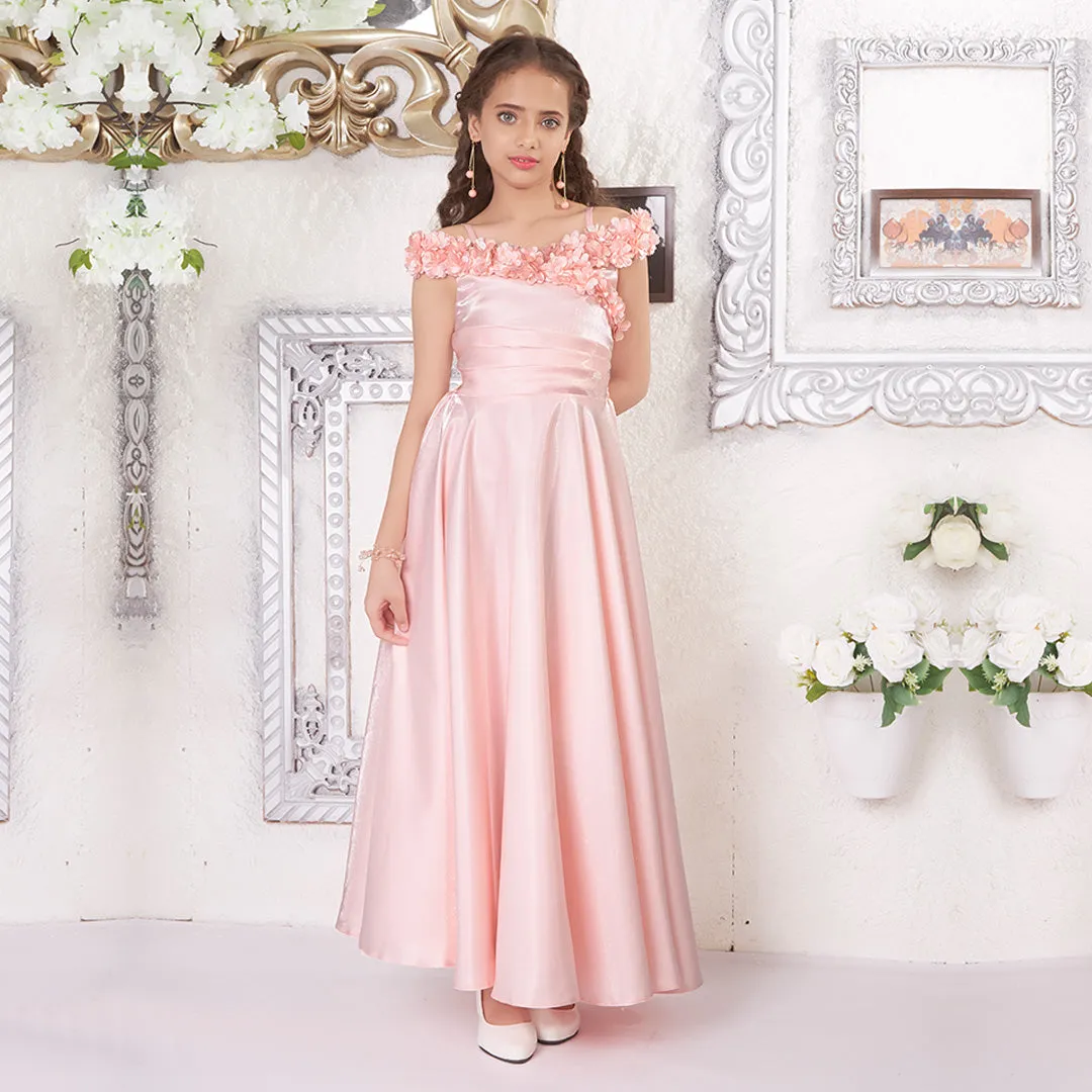 Peach Satin Frilled Off-Shoulder Gown for Girls