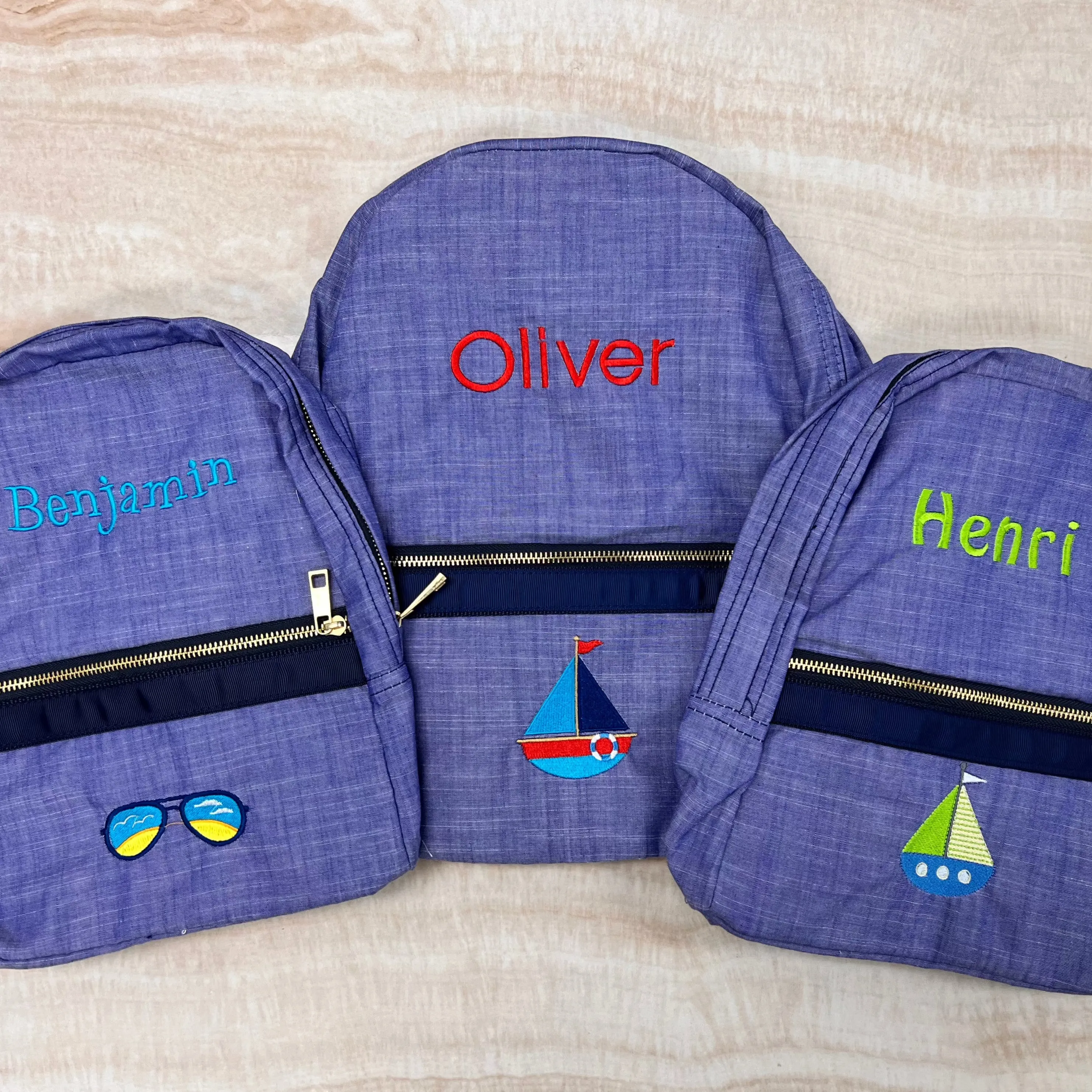 Personalized Chambray Blue Navy Large Backpack w/Pockets