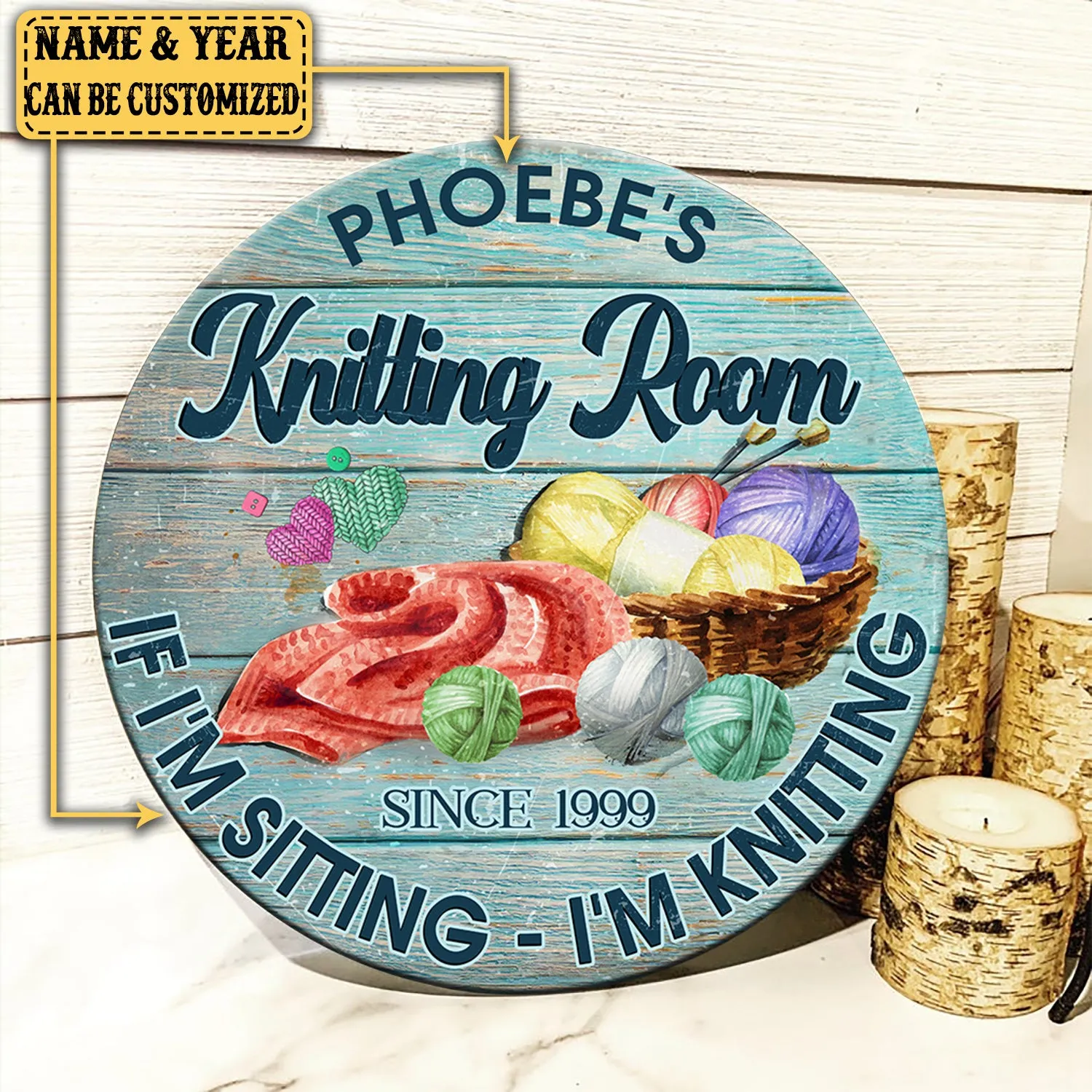 Personalized Knitting Room Wood Round Sign