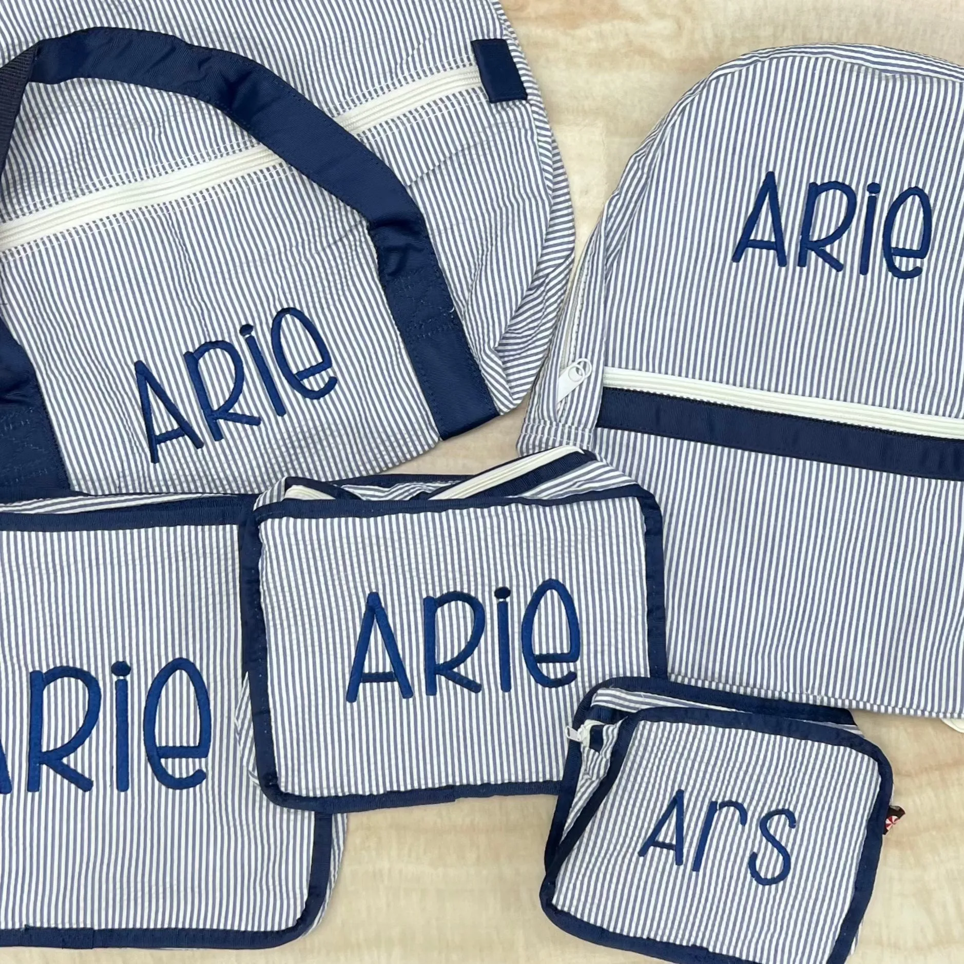 Personalized Seersucker Blue Navy Small Backpack