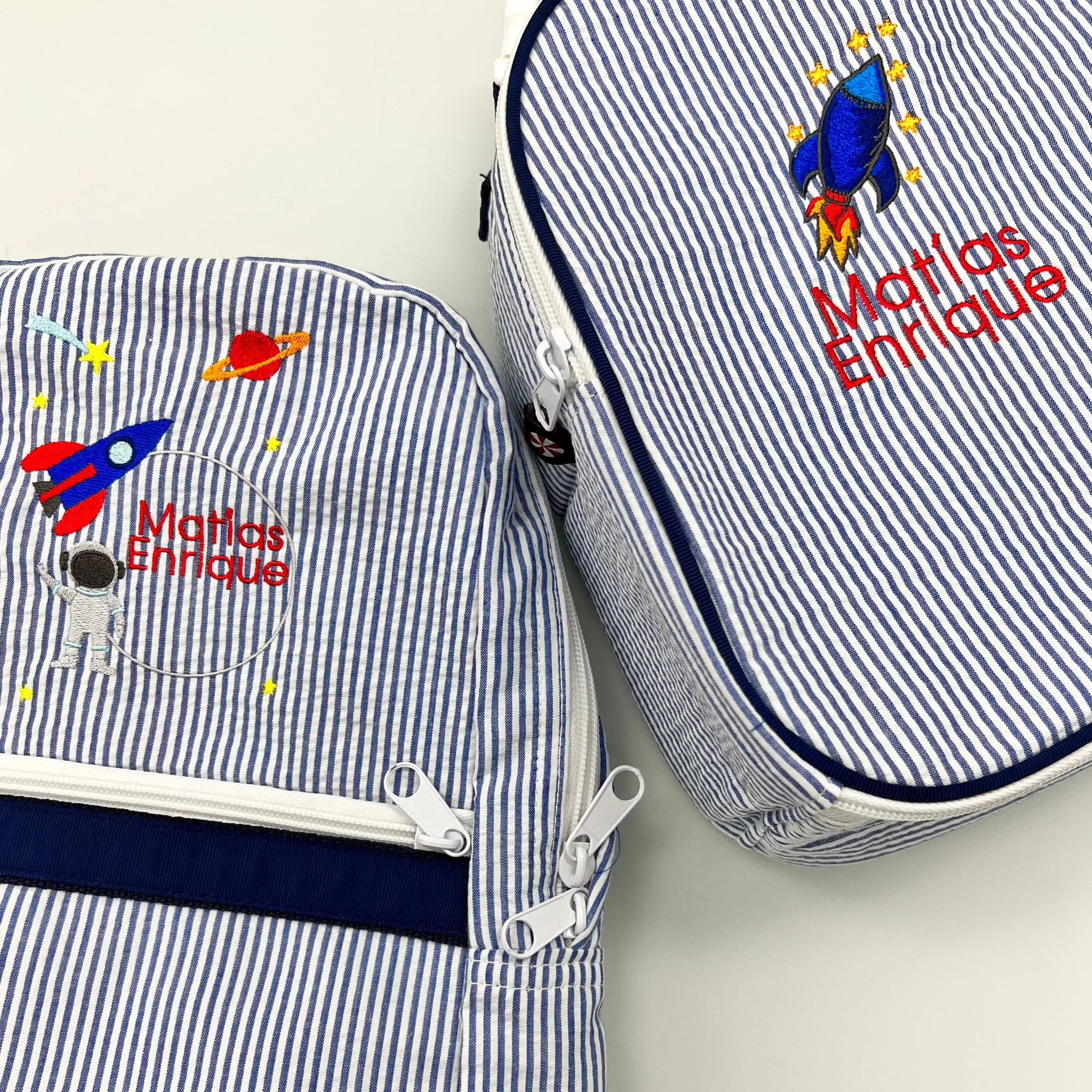 Personalized Seersucker Blue Navy Small Backpack