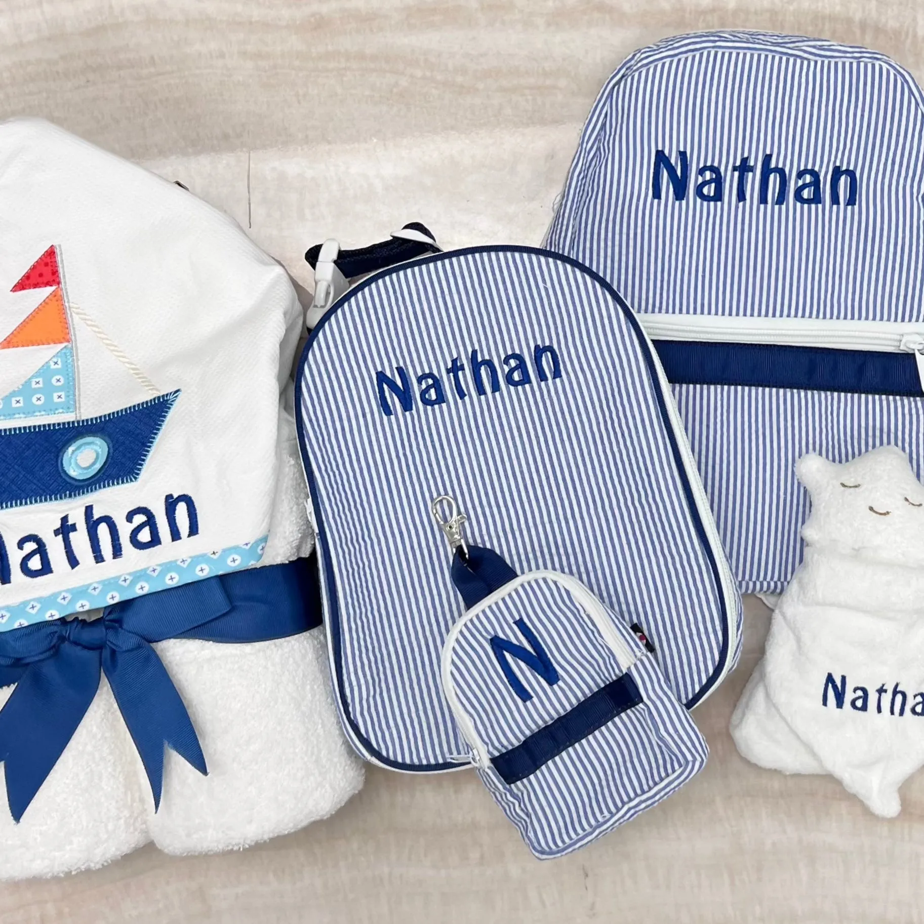 Personalized Seersucker Blue Navy Small Backpack