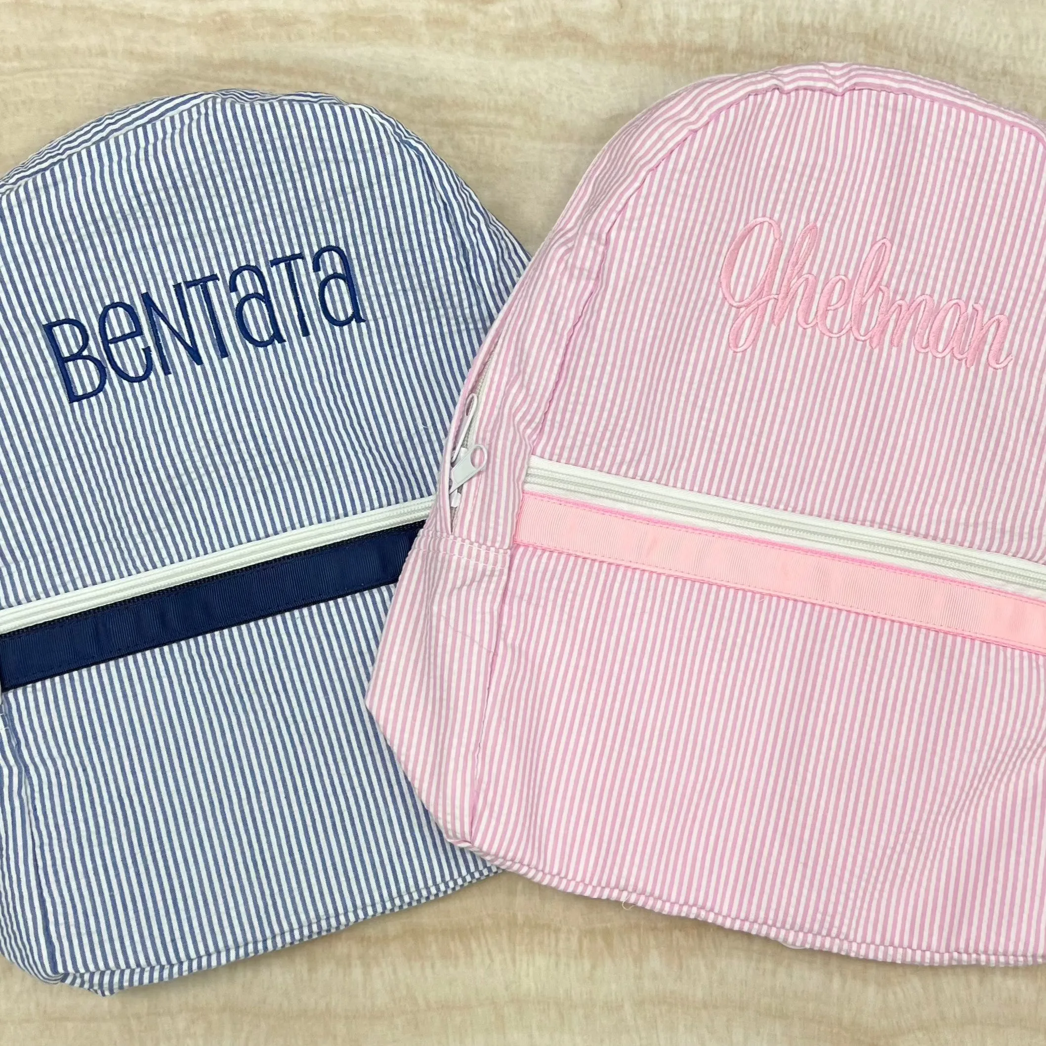 Personalized Seersucker Blue Navy Small Backpack