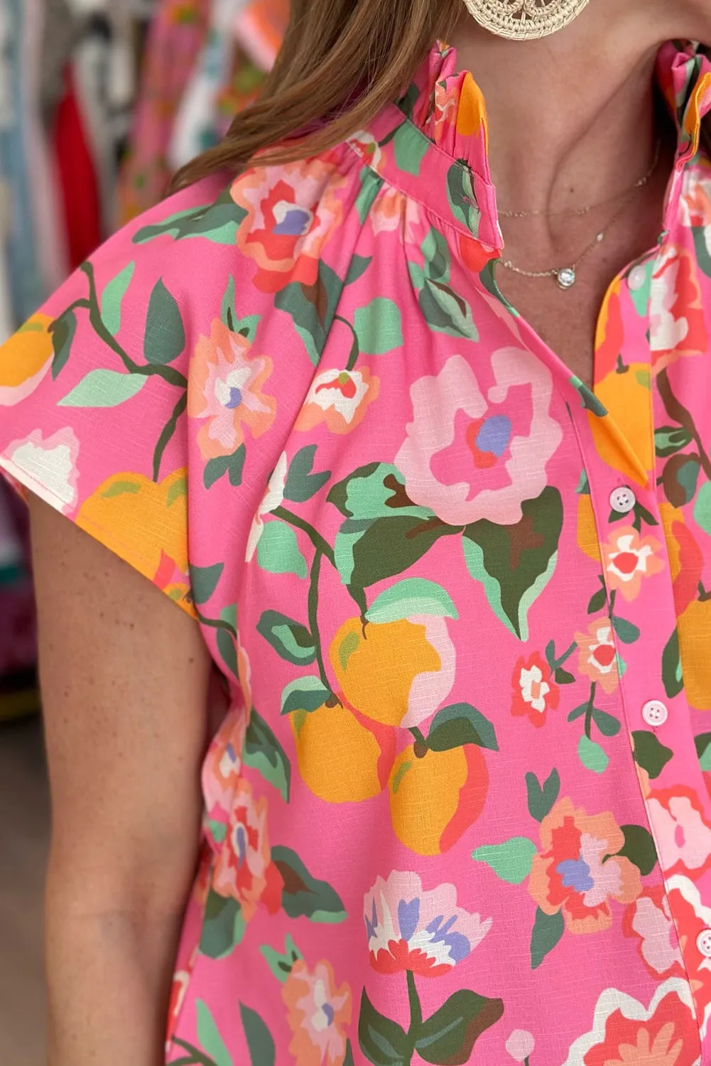 Pink Floral Frilled Collar Wide Cap Sleeve Shirt