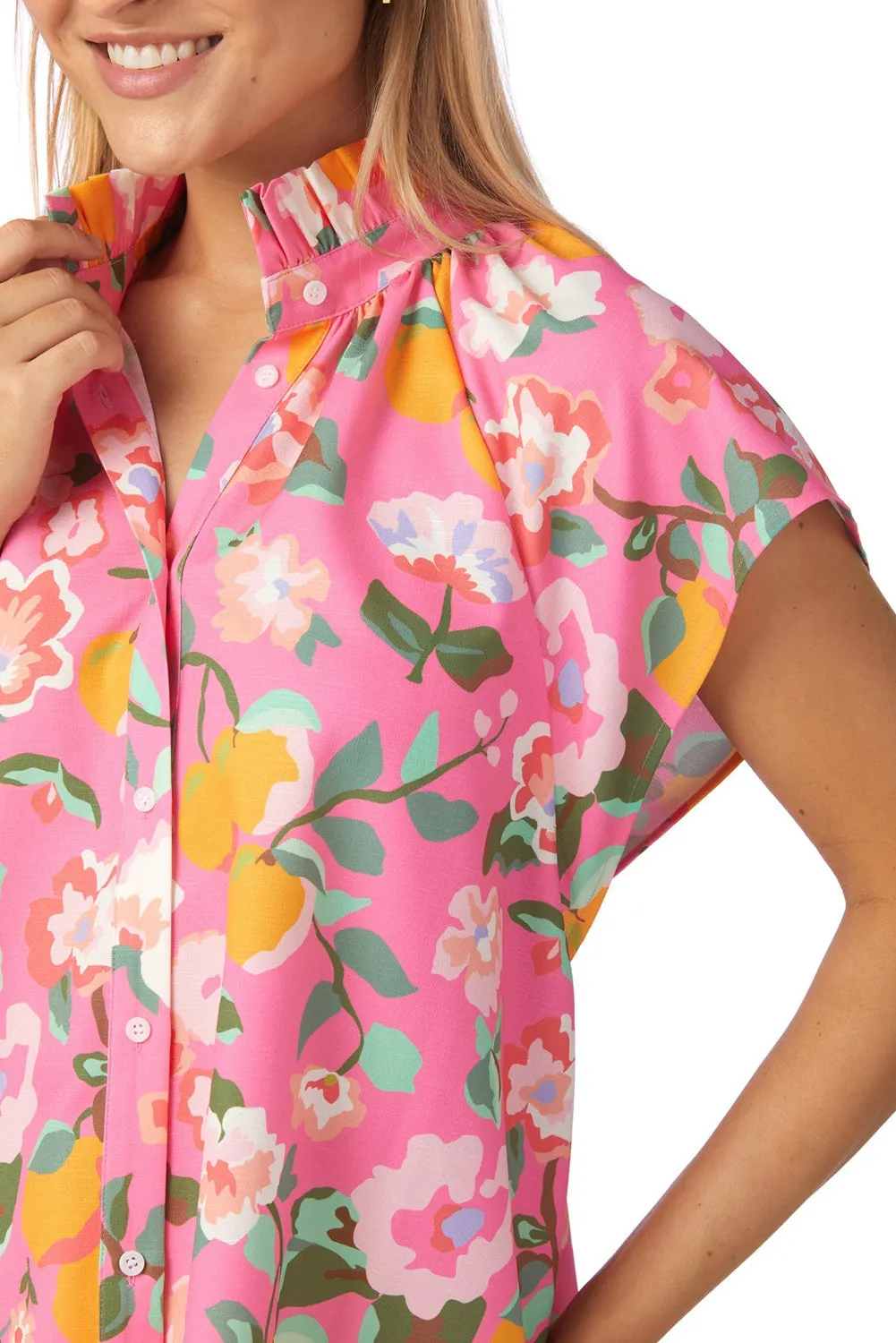 Pink Floral Frilled Collar Wide Cap Sleeve Shirt