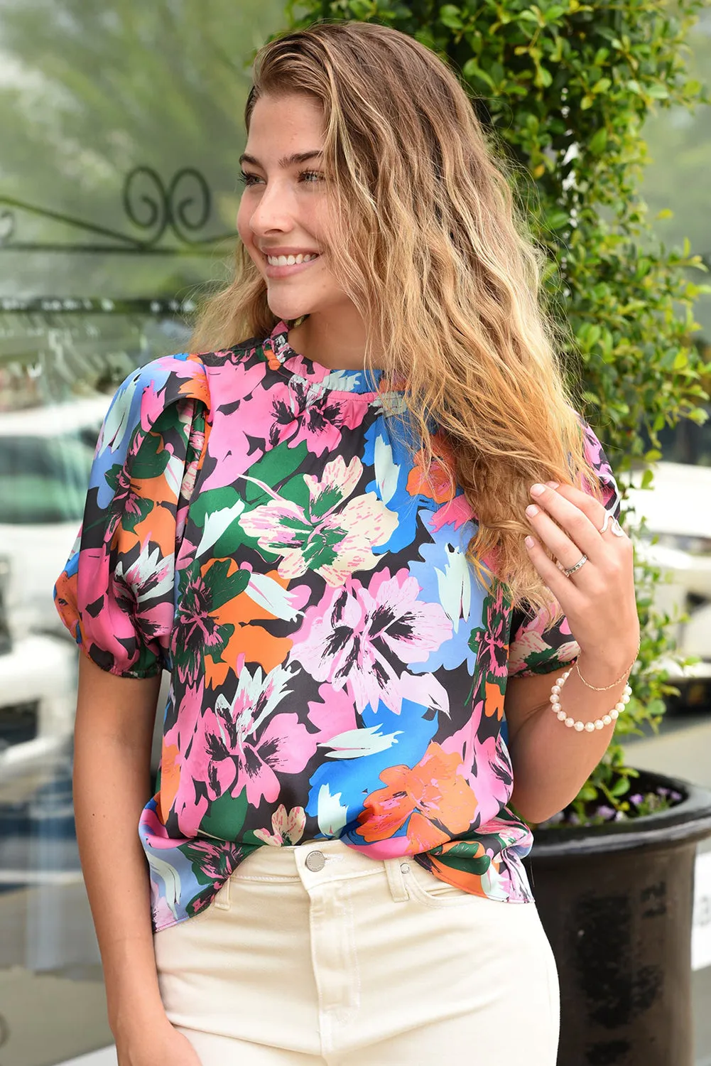 Pink Floral Print Frilled Neck Short Sleeve Blouse