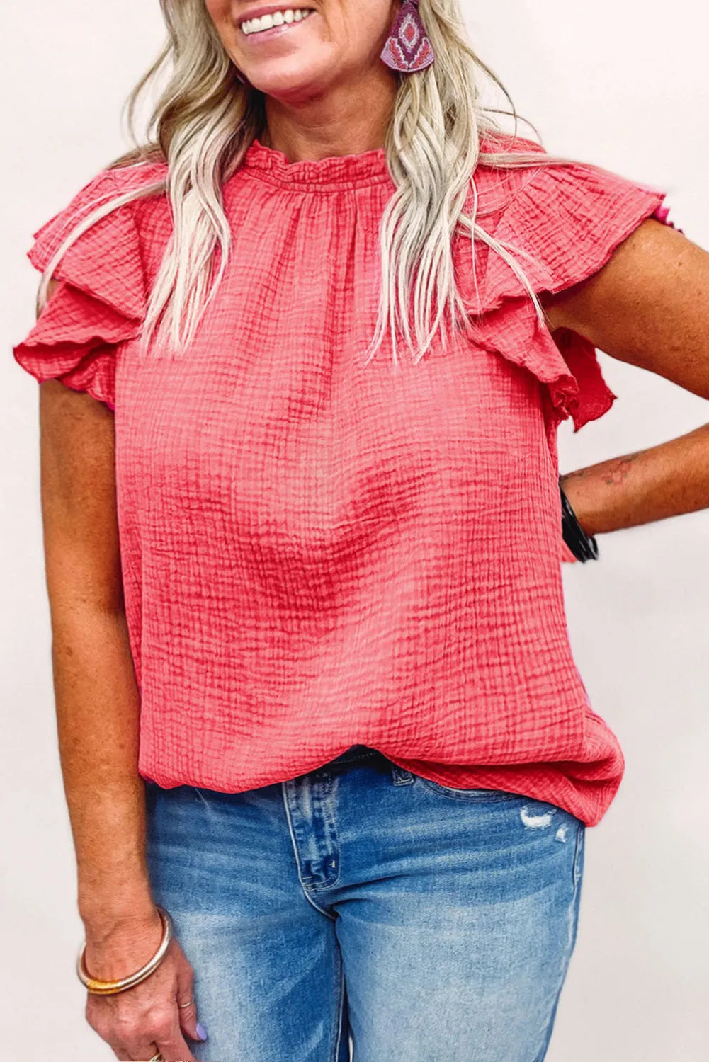 Pink Textured Flutter Sleeve Frilled Neck Plus Size Blouse