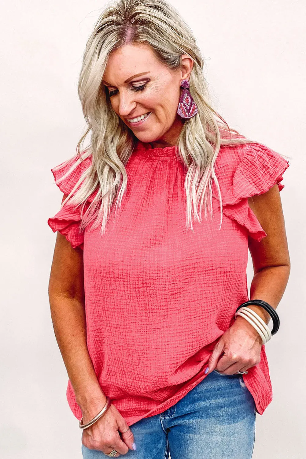 Pink Textured Flutter Sleeve Frilled Neck Plus Size Blouse