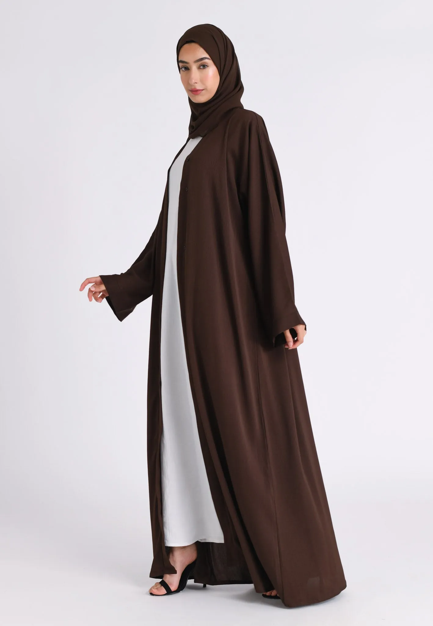 Plain Chocolate Brown Textured Open Abaya (Premium)