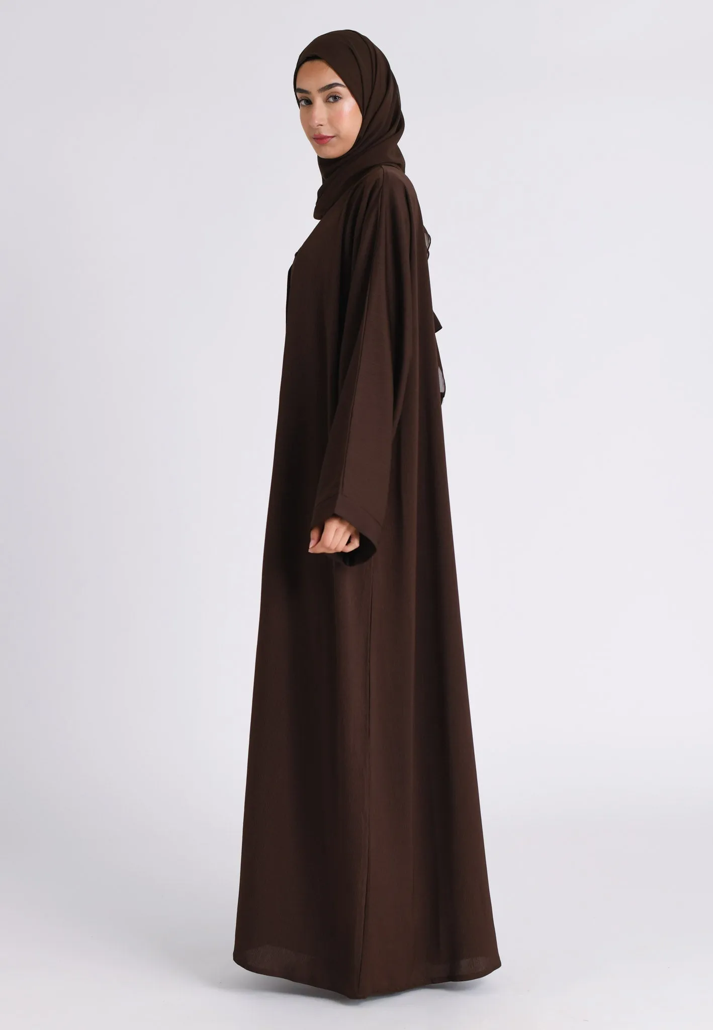 Plain Chocolate Brown Textured Open Abaya (Premium)