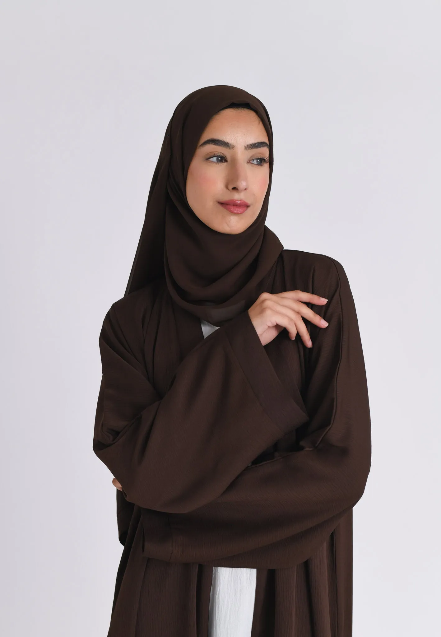 Plain Chocolate Brown Textured Open Abaya (Premium)