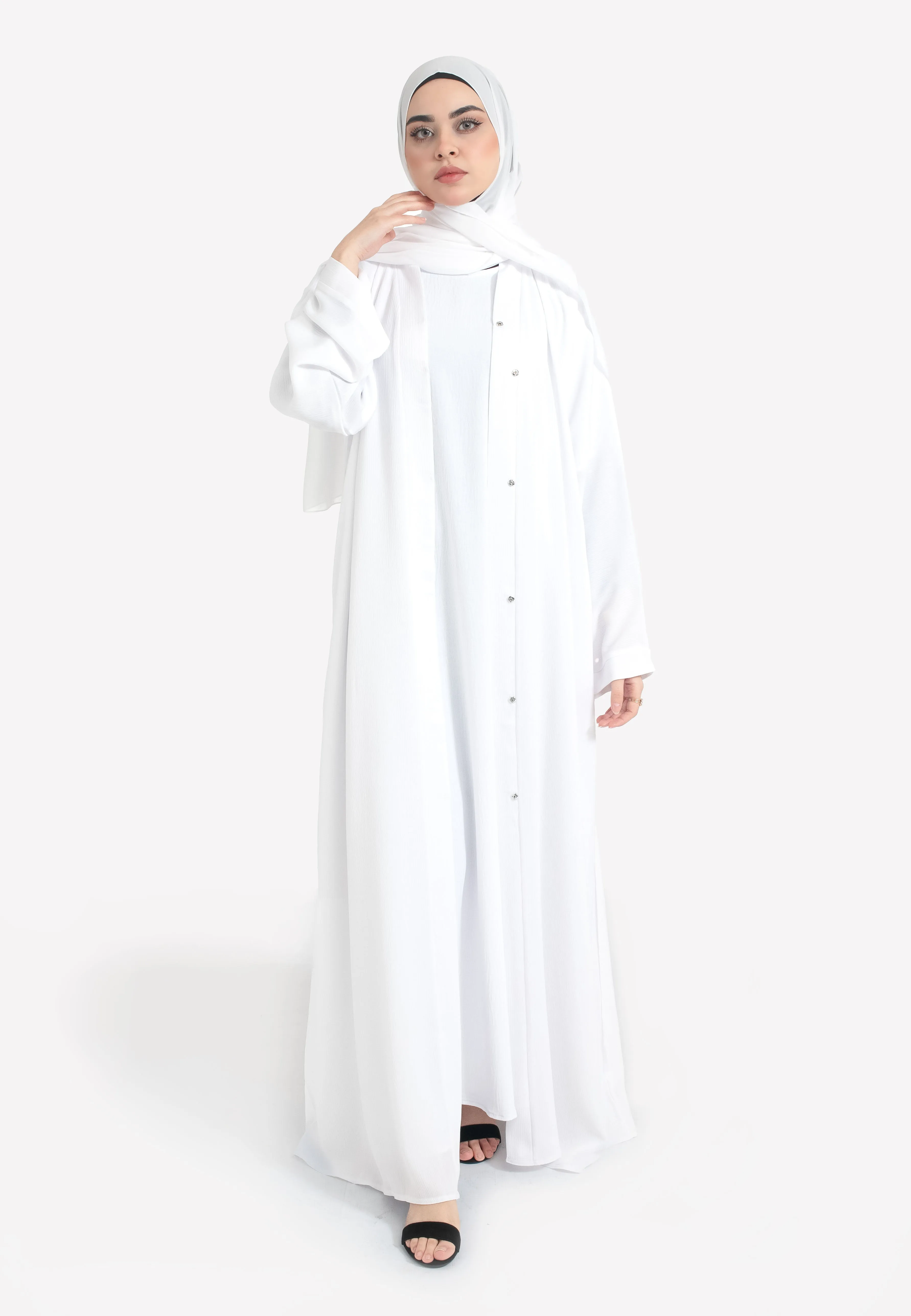 Plain Ivory White Textured Open Abaya