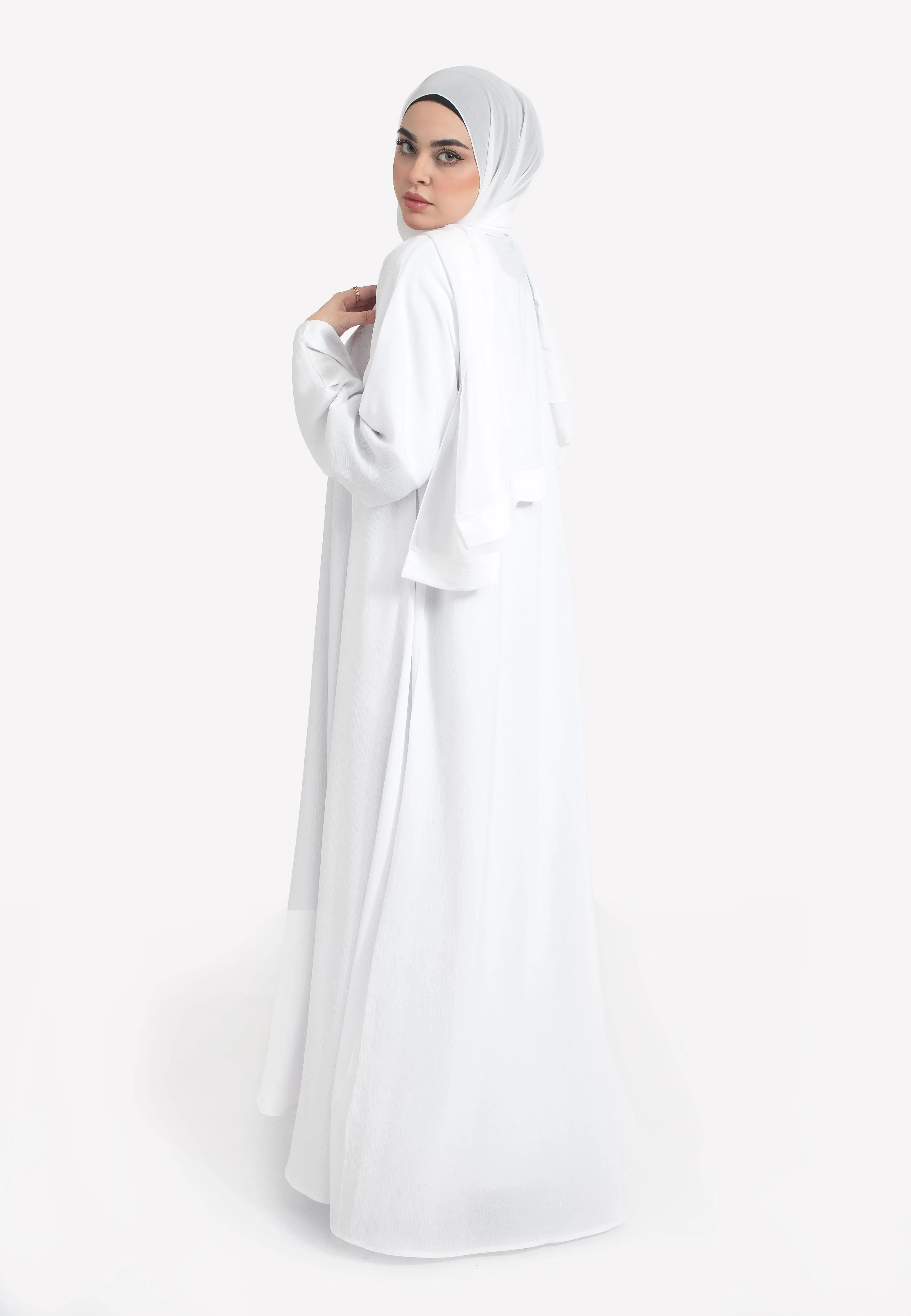 Plain Ivory White Textured Open Abaya